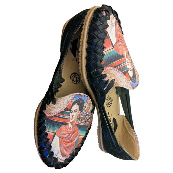 Frida Kahlo Shoes 7 Black Woven Leather Segura Shy Huaraches Artsy Boho Slip Ons - Picture 1 of 9